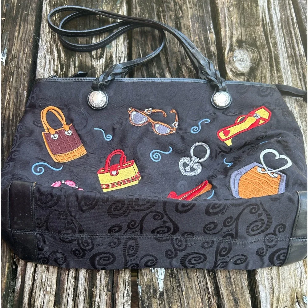 BRIGHTON Black Embroidered Shoulder Tote Handbag Purse Two Handle Zip Closure C4 - Picture 7 of 15